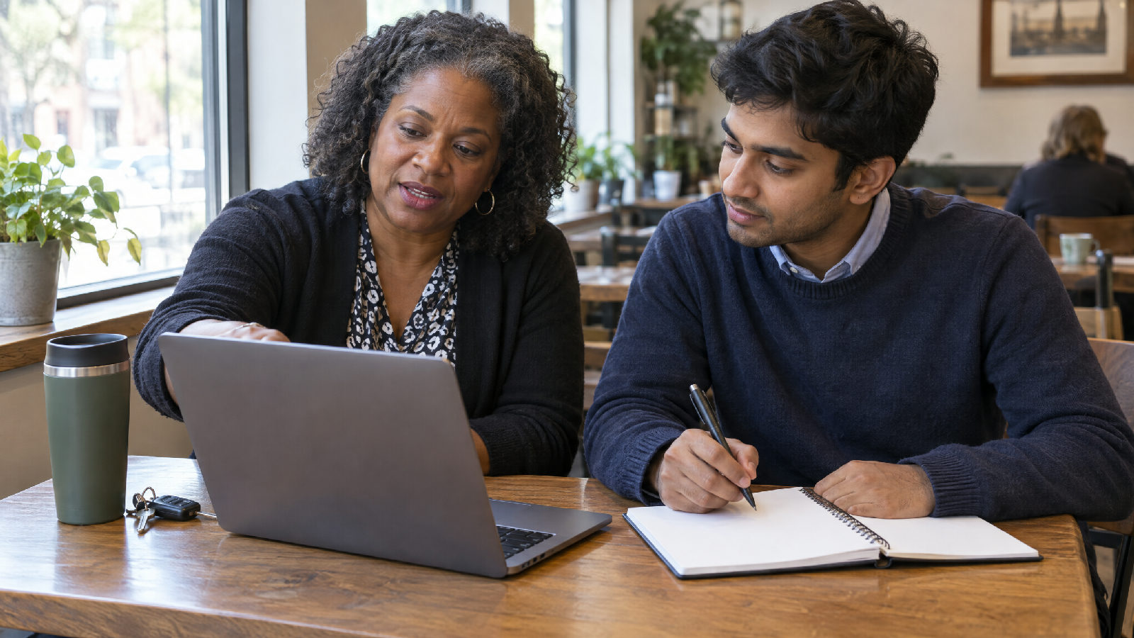 **While both are still reachable.** A meeting between the outgoing and incoming person in the same role lets context transfer before one of them is gone. An outgoing treasurer at a café table turning her laptop toward the incoming treasurer, who takes notes as she explains