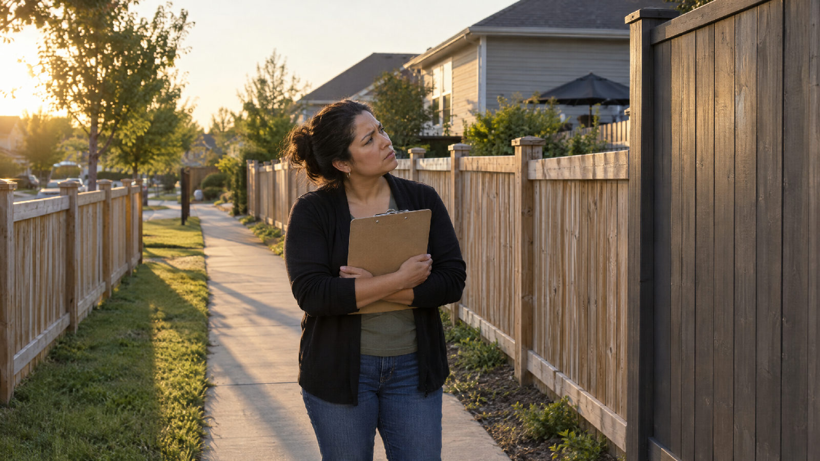 **The why behind the exception.** Why one homeowner's fence variance is a permanent exception lives in a person's memory of a decision nobody wrote down. A new board member on a sidewalk looking puzzled at one neighbour's fence that differs from every other fence on the street