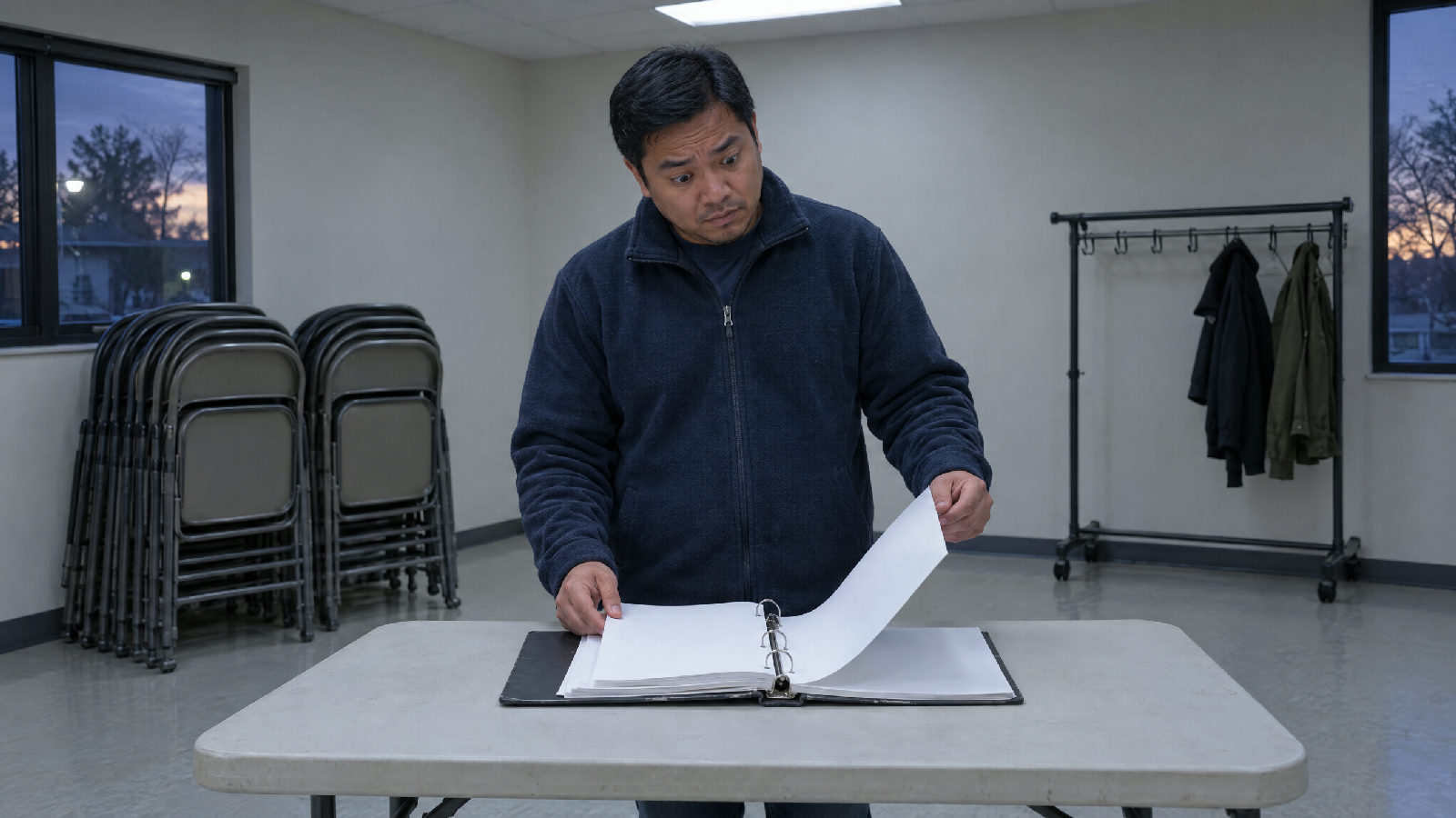 **Not in the binder.** The file was never in the binder on the folding table: for three years, ask me was a perfectly good filing system, right up until the day it wasn't. A board member alone in an empty clubhouse room flipping through a binder on a folding table, searching for a document that is not there