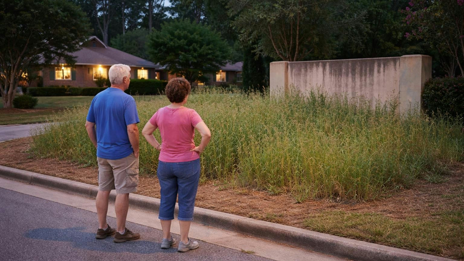 Two neighbors at the curb of a quiet subdivision street at dusk looking at a common area grown waist-high with weeds beside a weathered blank entrance wall