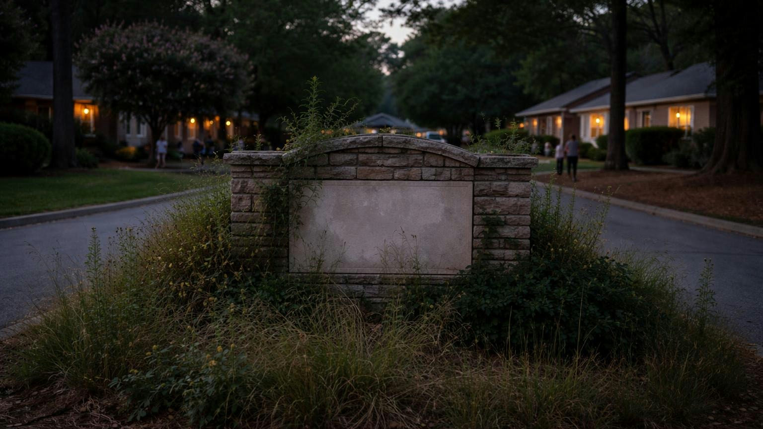 **Still standing, nobody tending.** The covenants and the dues outlive the board. The question is who acts for them. A stone community entrance monument half swallowed by overgrown shrubs and tall weeds at dusk, its face blank and weathered, a quiet street of occupied homes with lit windows behind it, no readable text
