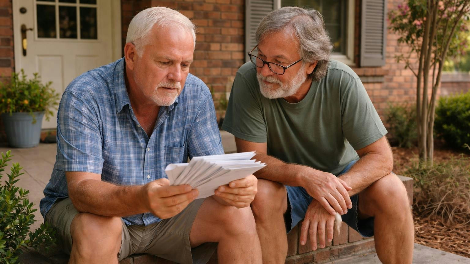 **Mail with no one to open it.** State notices go to the address and agent on record. In a quiet community, that may be someone who moved. Two neighbours in their sixties on a front porch in late afternoon, one holding a fanned stack of unopened envelopes while the other leans in with reading glasses, no readable text