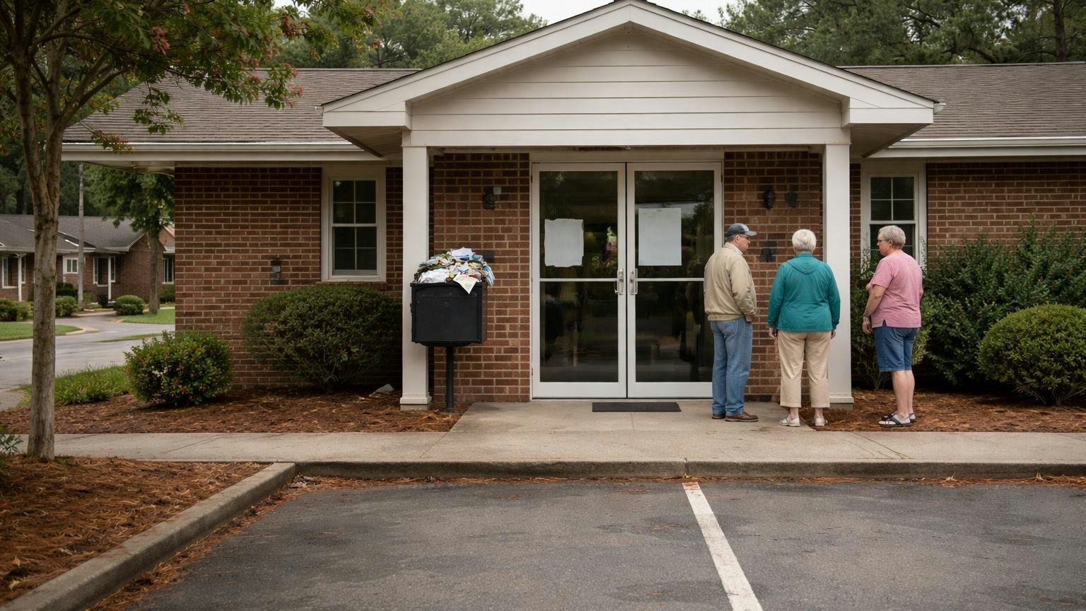 **The quiet ending.** A missed filing does not make a sound. It waits at an old address. A small community clubhouse on a grey afternoon with a wall-mounted mailbox overflowing with envelopes and a faded flyer taped to the door glass, the parking lot empty, no readable text