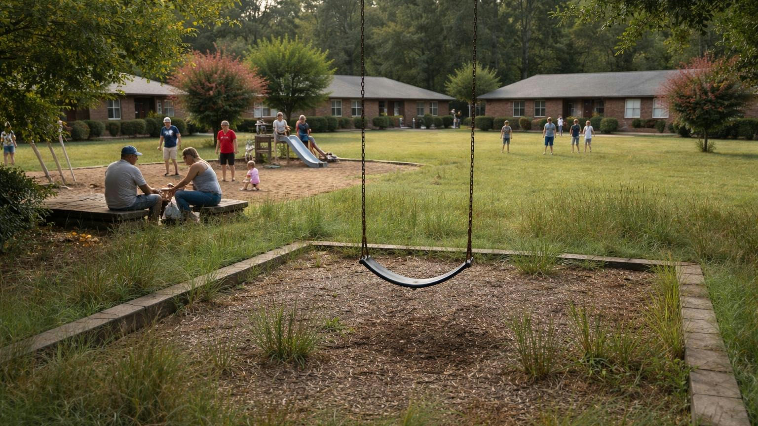 **Still insured, still owed, still waiting.** The common property does not pause because the board did. A community playground in late summer with grass grown up through the mulch and one swing hanging still, the common lawn around it unmowed, occupied homes beyond, no readable text
