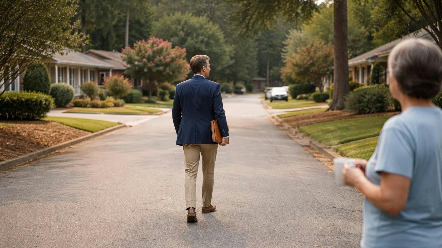**The court's choice, not yours.** A receiver holds the board's powers until the seats are filled, and the association pays. A man in a suit and loafers walking alone down the middle of a quiet subdivision street on a weekday morning, a leather portfolio under his arm, glancing at house numbers, a homeowner watching from her driveway with a coffee mug, no readable text