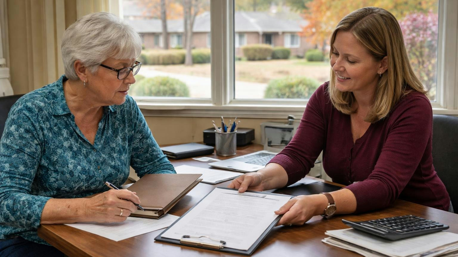**The question every renewal asks.** Who are your officers, and who can sign? A bond is bought by a board that exists. A board treasurer and an insurance agent at a small office desk, the agent sliding a blank application form across while the treasurer holds a pen and a closed folder, a window with autumn trees behind them, no readable text
